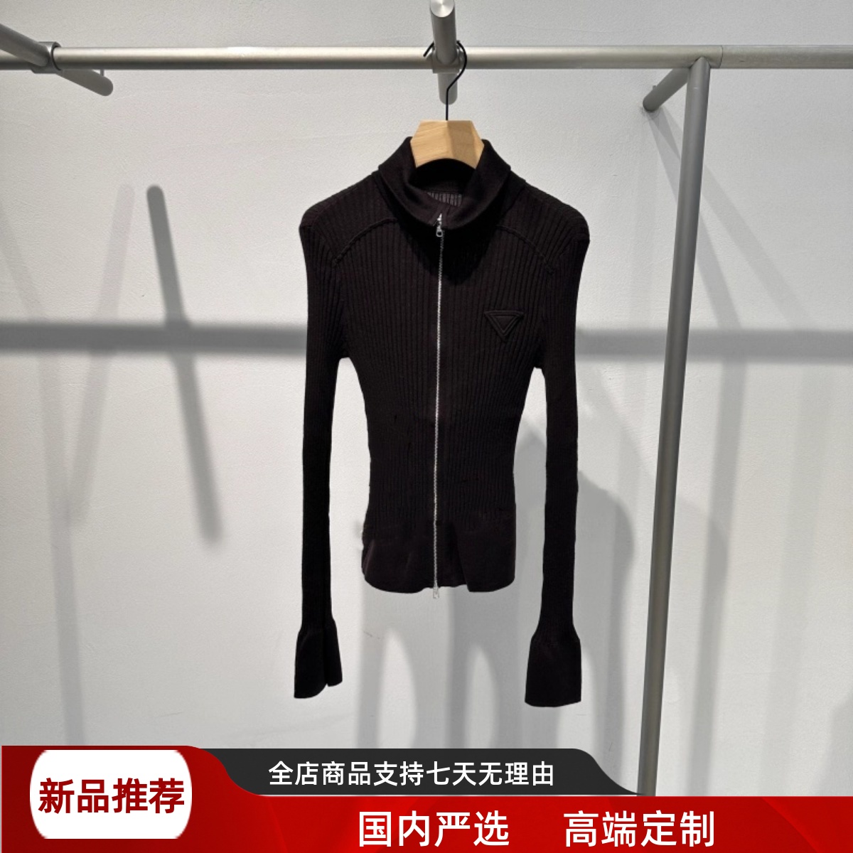 现货艾诺丝2025秋季同款修身双拉链长袖翻领针织开衫上衣AR803115