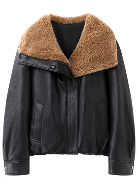 现货M家2025冬季新款宽松复古机车保暖毛领素皮羽绒服 MBE4EIN034