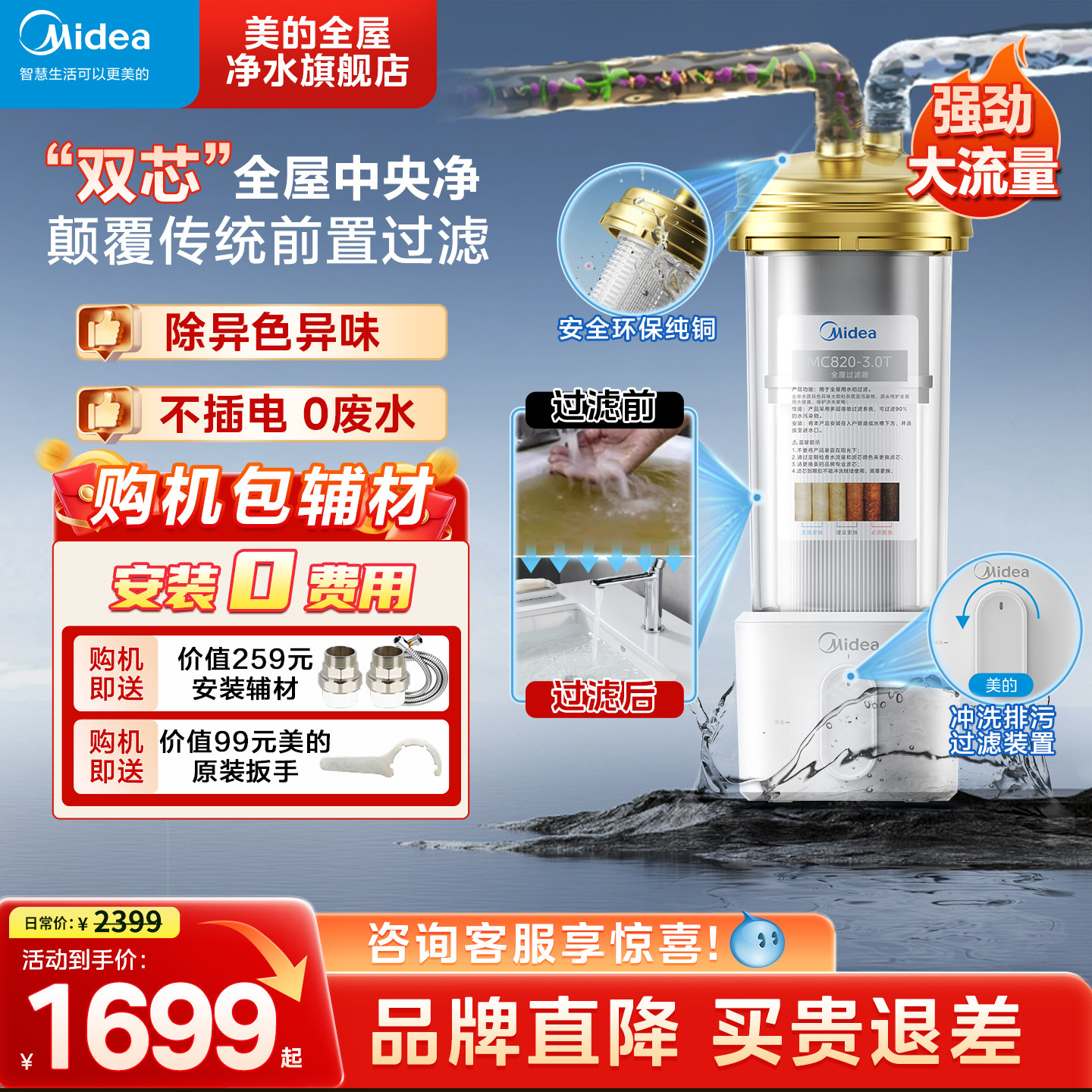 美的全屋中央净水器家用自来水大白瓶大型前置过滤器大流量反冲洗