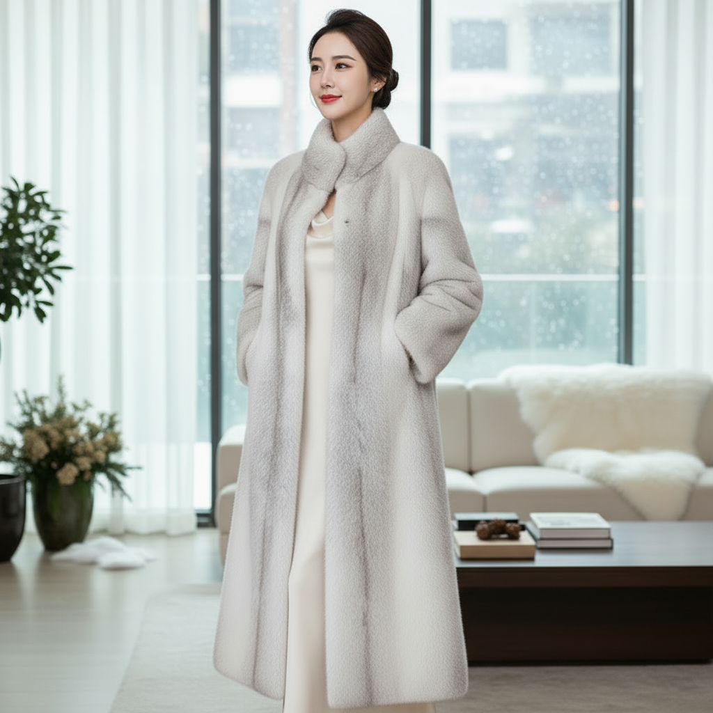 进口整水貂皮草女立领大衣时尚宽松中青年长款过膝外套冬季