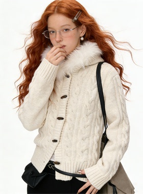 Bclz麻花牛角扣慵懒连帽针织衫毛领毛衣26春夏新品复古休闲