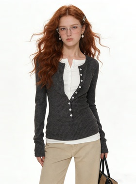 Bclz亨利领时髦假两件设计感磨毛圆领长袖26春夏新品套头T恤上衣