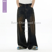 牛仔裤 Bclz巴恩风cleanfit美式 复古阔腿黄泥染超绝低腰裤