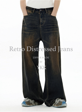 Bclz巴恩风cleanfit美式复古阔腿黄泥染超绝低腰裤牛仔裤