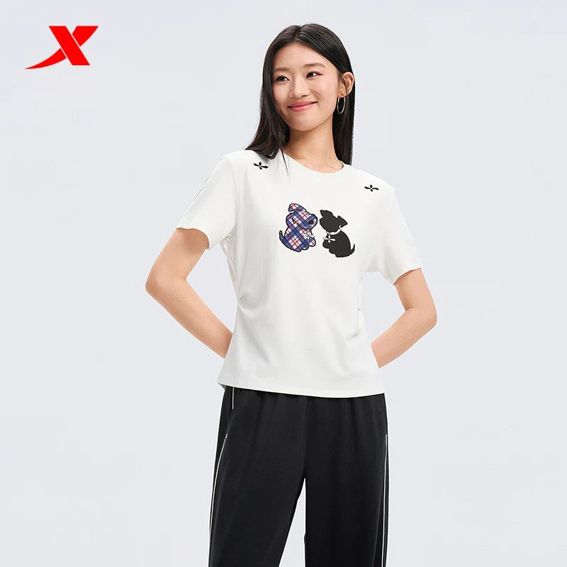 特步T恤女2026年夏季动物图案休闲紧身短袖运动服女974228010381