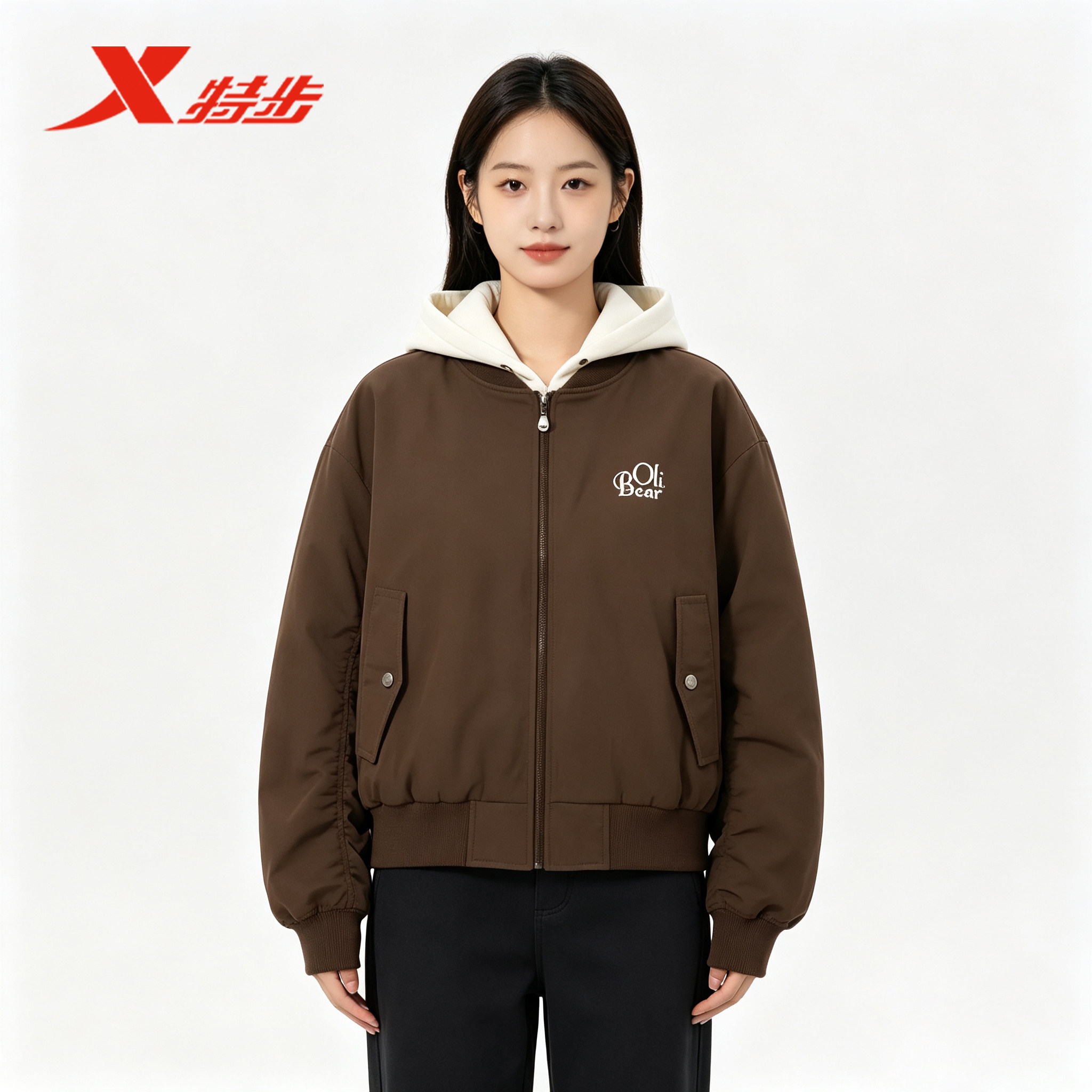 特步女款双层夹克2026秋季新款连帽梭织薄防风外套974328120594