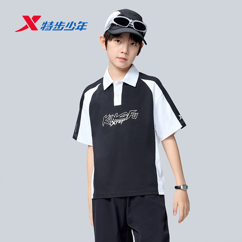 特步儿童POLO衫2026夏男中大童短袖翻领运动宽松T恤674225028459