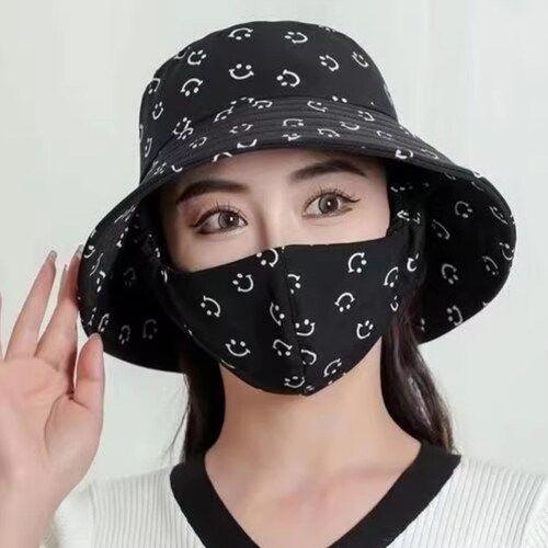 防晒帽子口罩一体遮阳帽采茶帽户外骑行夏季防紫外线太阳帽女透气