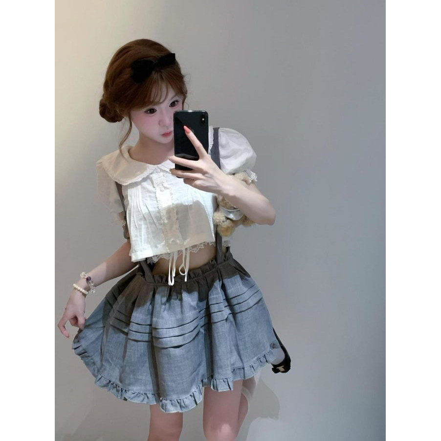 实价少女减龄抽绳系带蕾丝短款白时尚套装