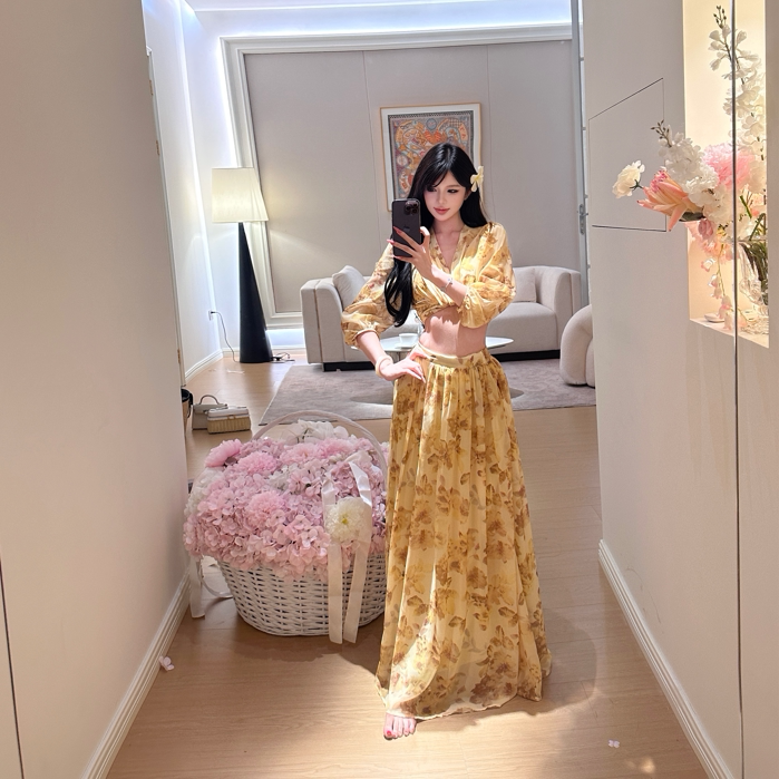 实拍 法式氛围感碎花连衣裙纯欲时尚套装