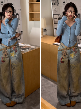 TIMI-26年早春2026春款3D打印小熊印花直筒裤牛仔裤F8205