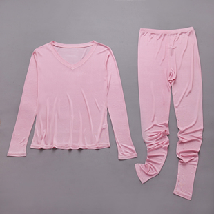 秋冬 桑蚕丝保暖女内衣套装秋衣秋裤简约纯色V领真丝打底睡衣睡裤