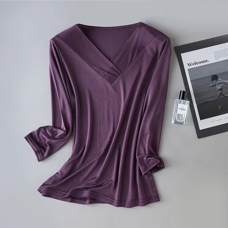 重磅针织真丝七分袖T恤交叉叠领