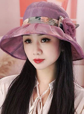 赫本风欧根纱渔夫帽女中老年妈妈立体花朵盆帽夏季遮阳帽子防晒帽