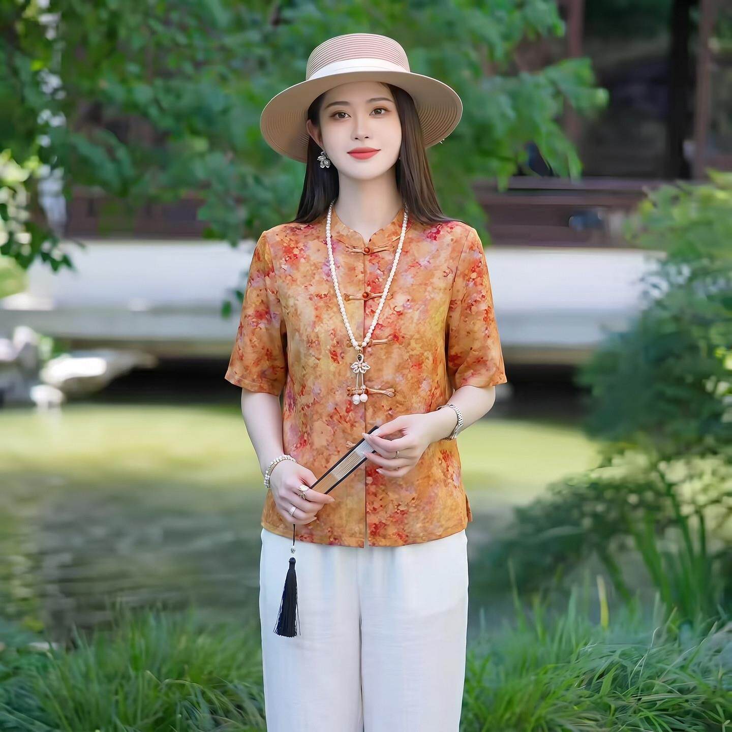 妈妈气质新中式立领印花盘扣上衣