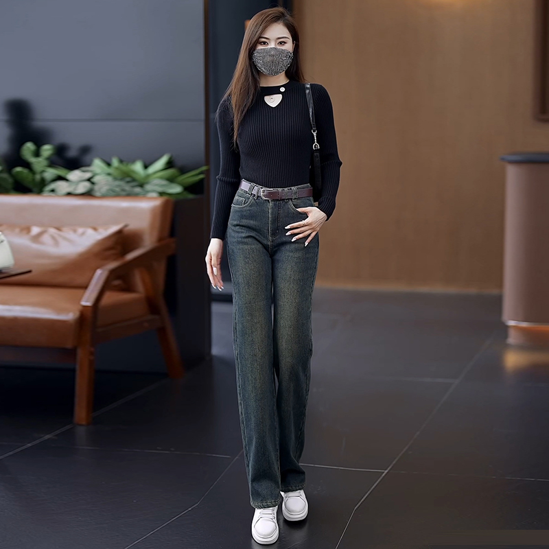 窄版牛仔阔腿裤女秋冬加绒冬新款