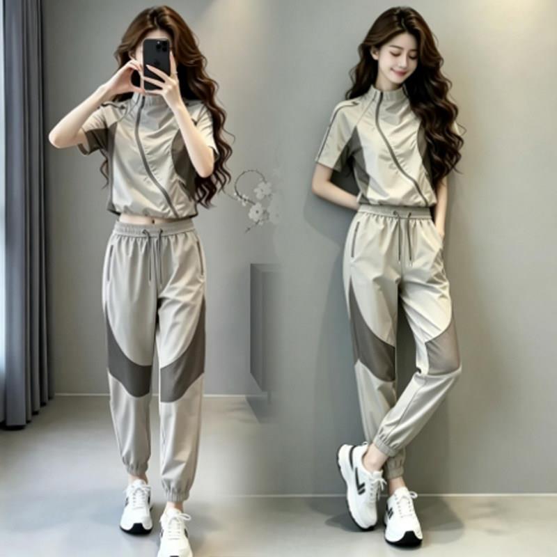 时尚休闲套装女2026夏季新款洋气速干立领上衣阔腿裤运动两件套潮