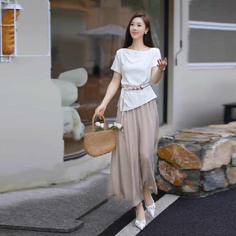轻熟风优雅气质套装女2026夏季新款收腰显瘦短袖T恤阔腿裤两件套