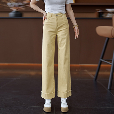 柠檬黄九分窄版牛仔裤女阔腿裤子