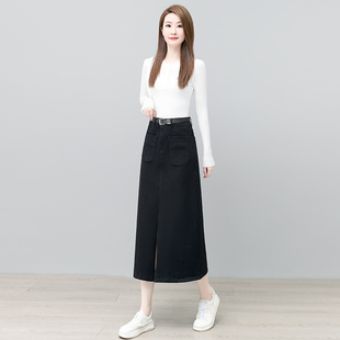 咖色牛仔半身裙女2025春秋季新款高腰显瘦流行开叉一步裙中长裙款
