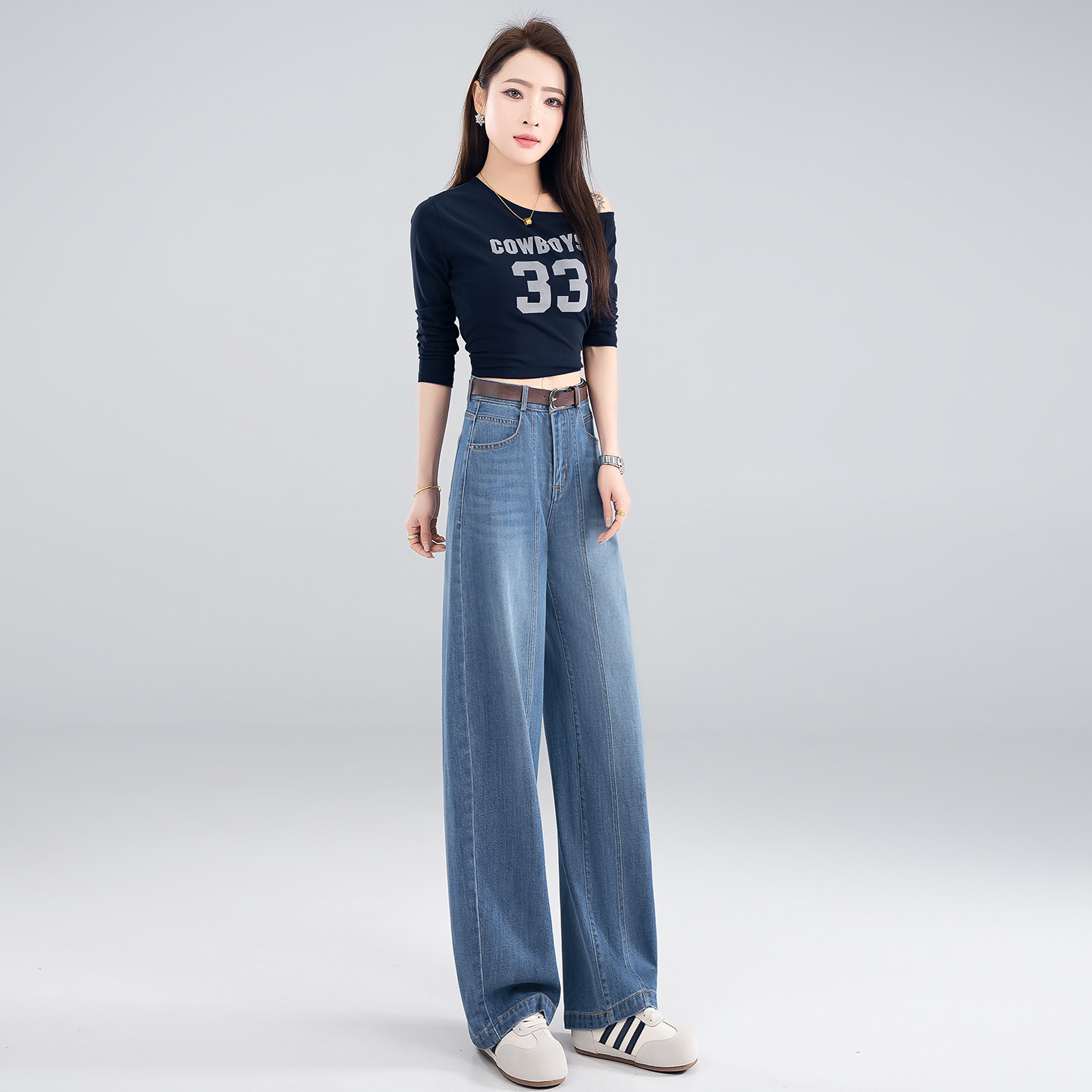 蓝色天丝阔腿牛仔裤女春秋款高腰宽松显瘦弯刀裤大码胖mm老爹裤子