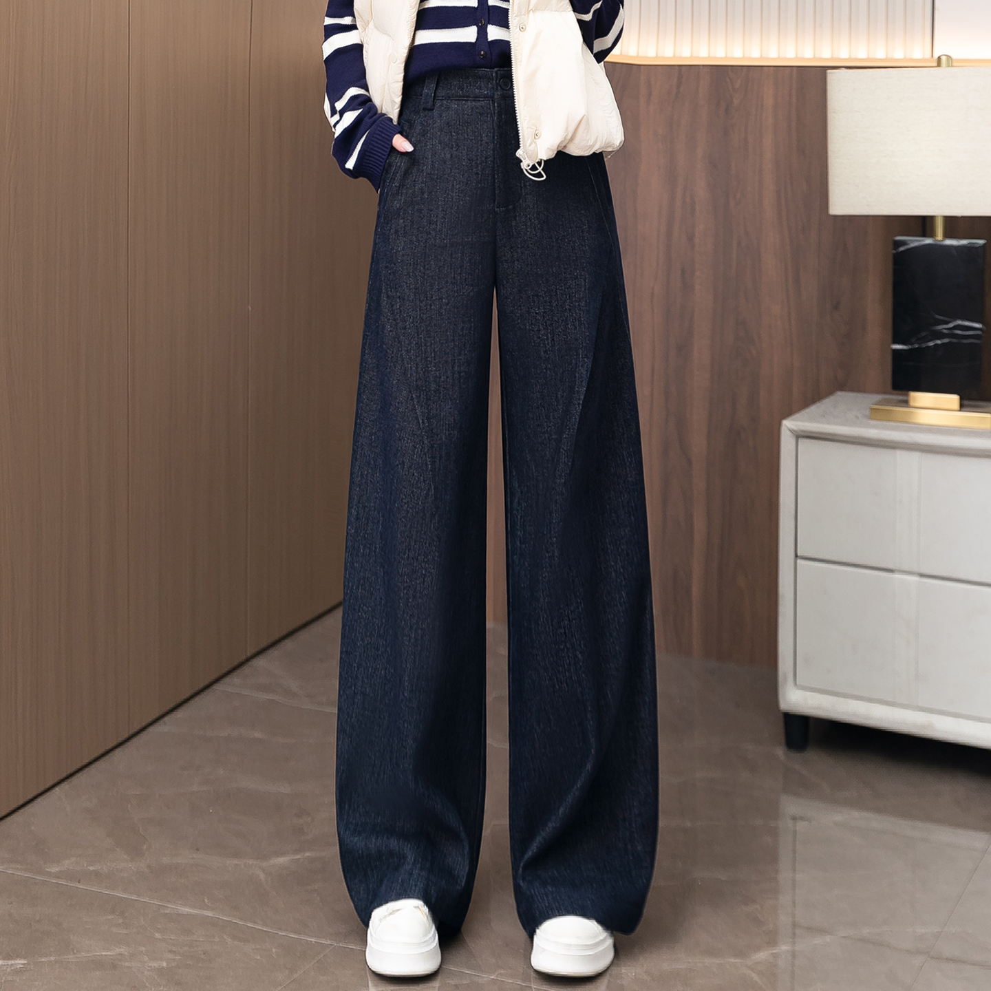 加绒加厚阔腿裤女高腰秋冬松紧腰