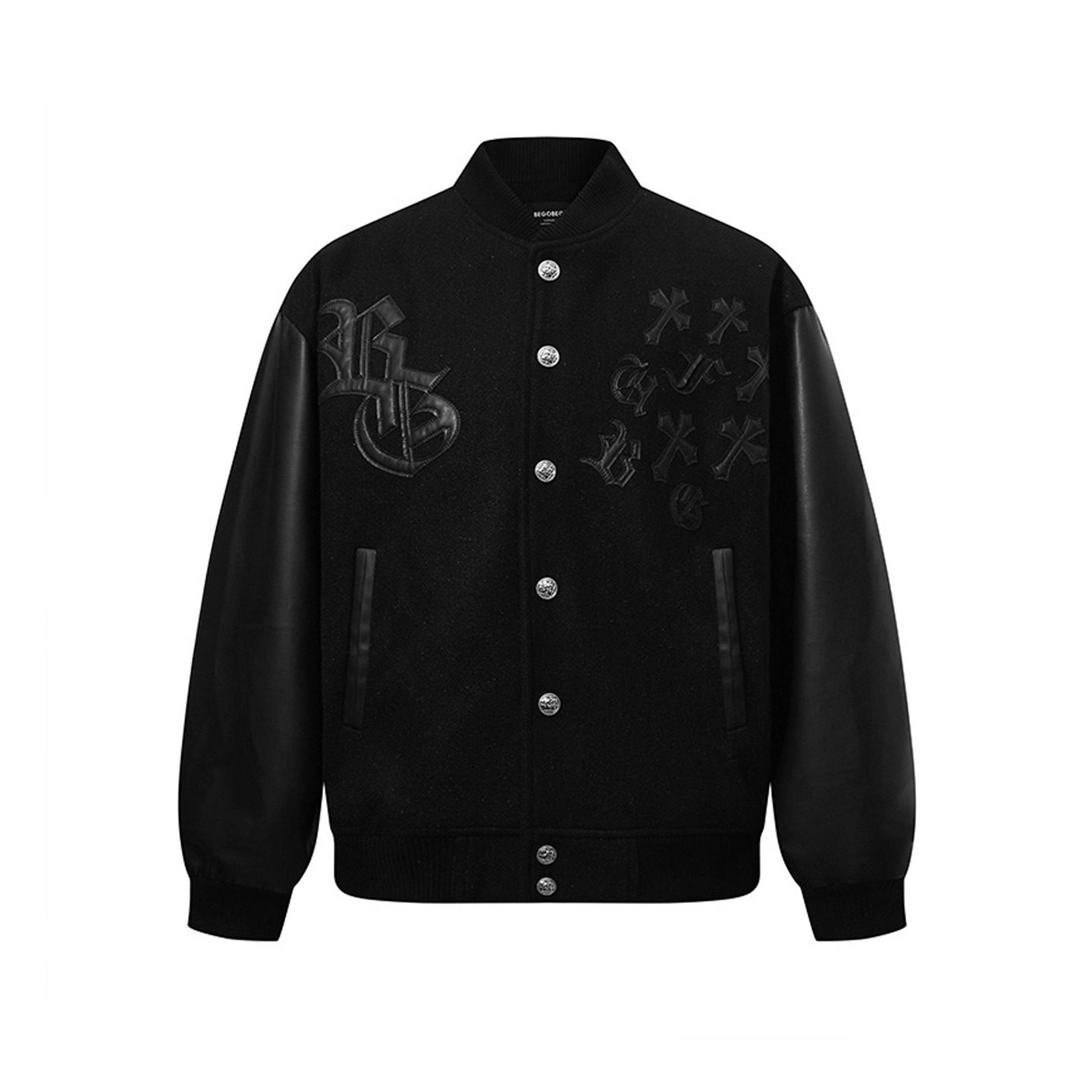 thumbnail for baest American Gothic Letter Cross Embroidered Baseball Jersey Jacket Men's and Women's Loose Ruffian Handsome PU Leather Sleeve Jacket