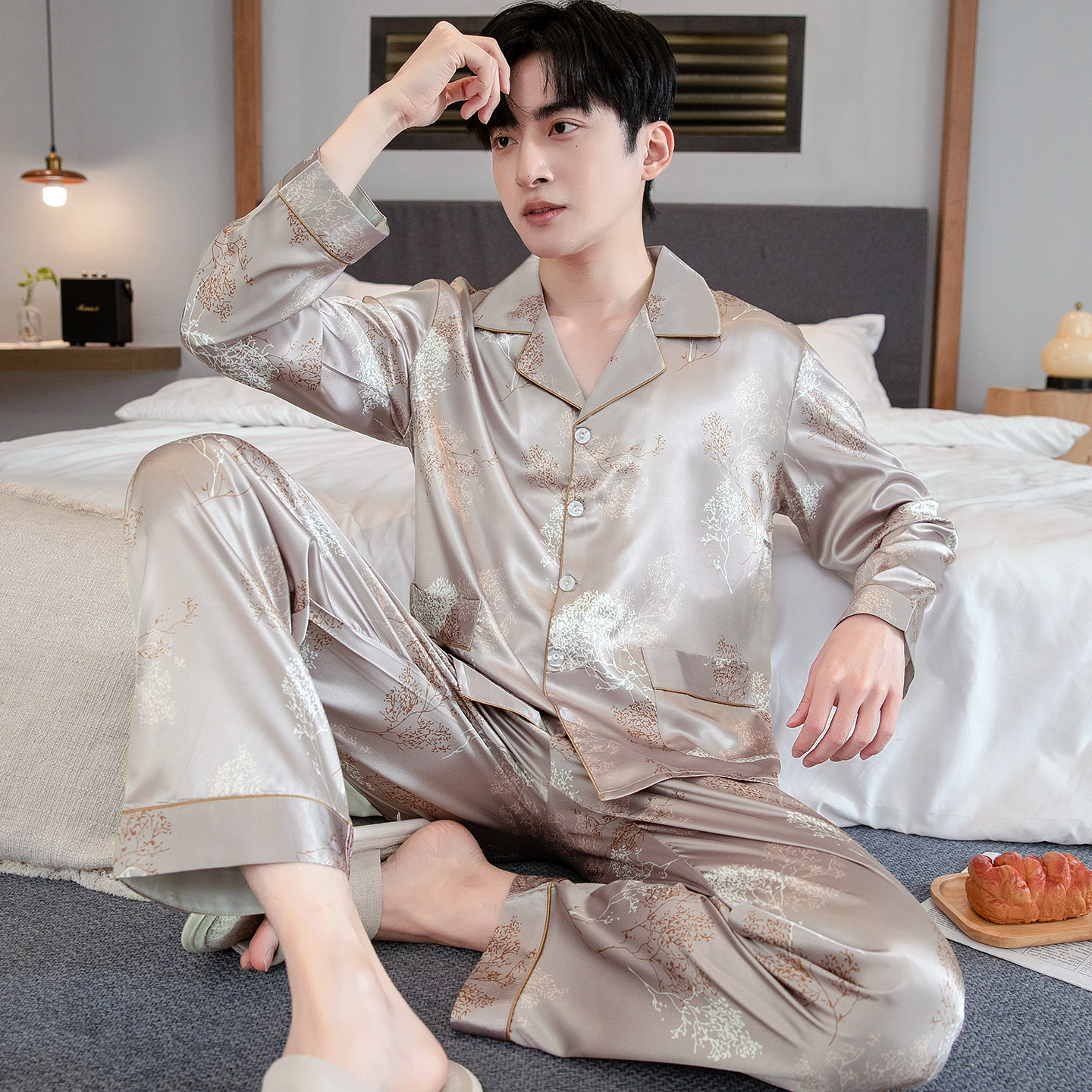 长袖薄款冰丝男款睡衣套装大码宽松舒适夏季丝绸男士可外穿家居服