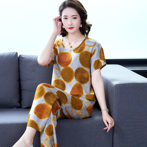 人造棉中老年短袖薄款春夏季睡衣女士套装大码宽松简约棉绸家居服