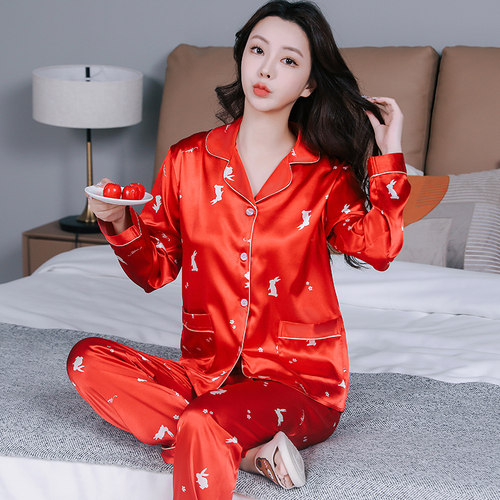 春秋季女丝绸家居服套装