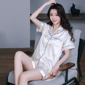 睡衣套装女夏季冰丝翻领开衫薄款短袖短裤宽松家居服女士丝绸睡衣