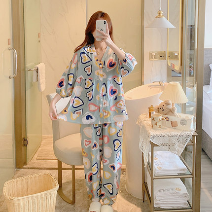 新品绵绸V领加大码开衫睡衣女薄款长裤宽松胖MM家居服套装空调服