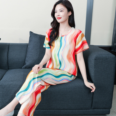 睡衣女夏天短袖薄款大码棉绸套装