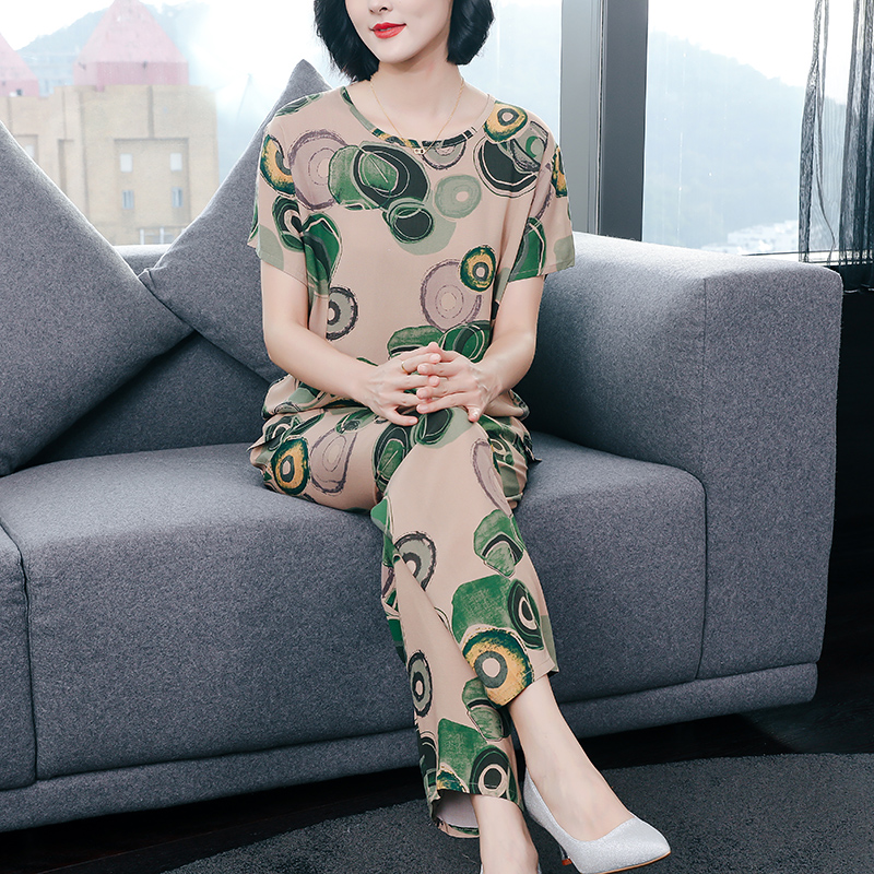 妈妈棉绸睡衣女夏季薄款人造棉家居服套装中老年人短袖棉绸两件套