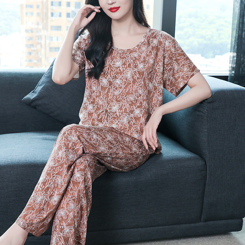 妈妈棉绸女士睡衣夏季短袖薄款大码宽松中年女款绵绸可外穿家居服