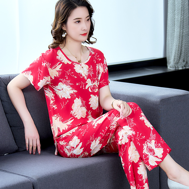 夏季薄款棉绸女士睡衣套装中年妈妈宽松显瘦大码绵绸可外穿家居服