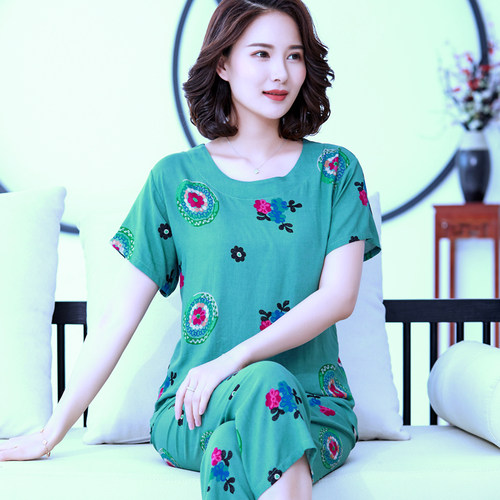 睡衣女夏季大码圆领中老年女士