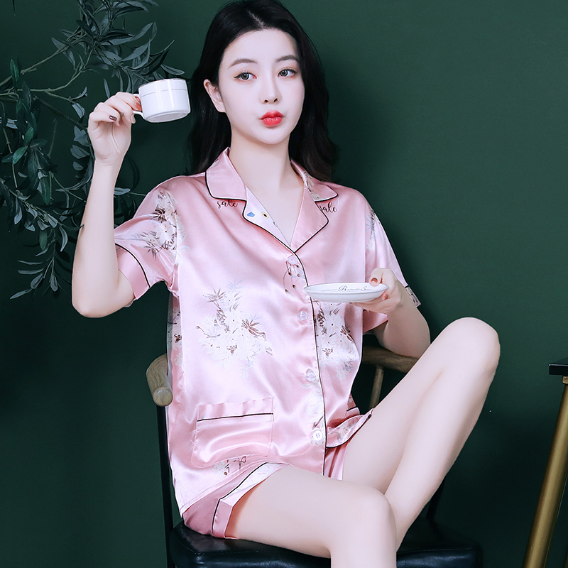 夏款新款女士冰丝丝绸短袖短裤睡衣套装清新甜美学生可爱家居服女