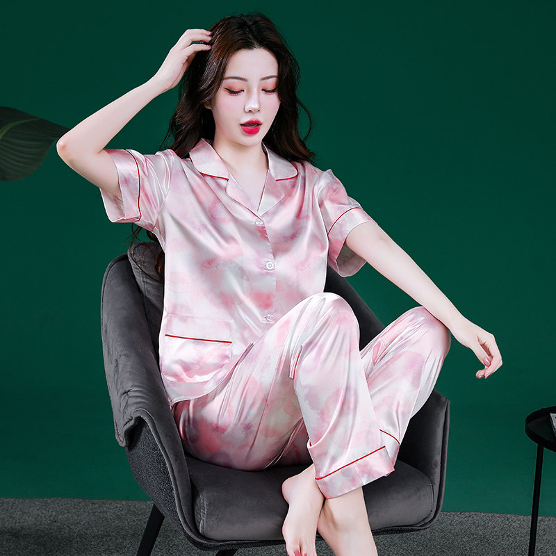睡衣女款2026新款夏季短袖长裤薄款冰丝女士套装清新可外穿家居服