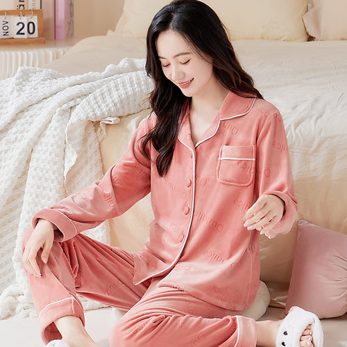 家居服套装冬季海岛绒睡衣女
