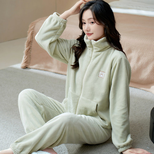 女士冬季大码加厚保暖珊瑚绒睡衣