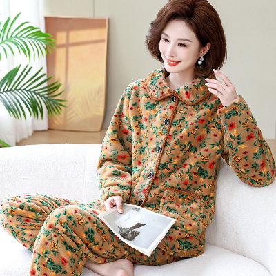 中老年人睡衣女秋冬季长袖保暖珊瑚绒女款套装可外穿法兰绒家居服