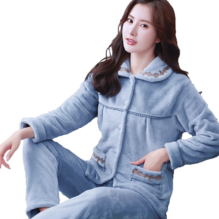 加厚珊瑚绒女士睡衣套装简约长袖秋冬加绒保暖法兰绒家居服两件套