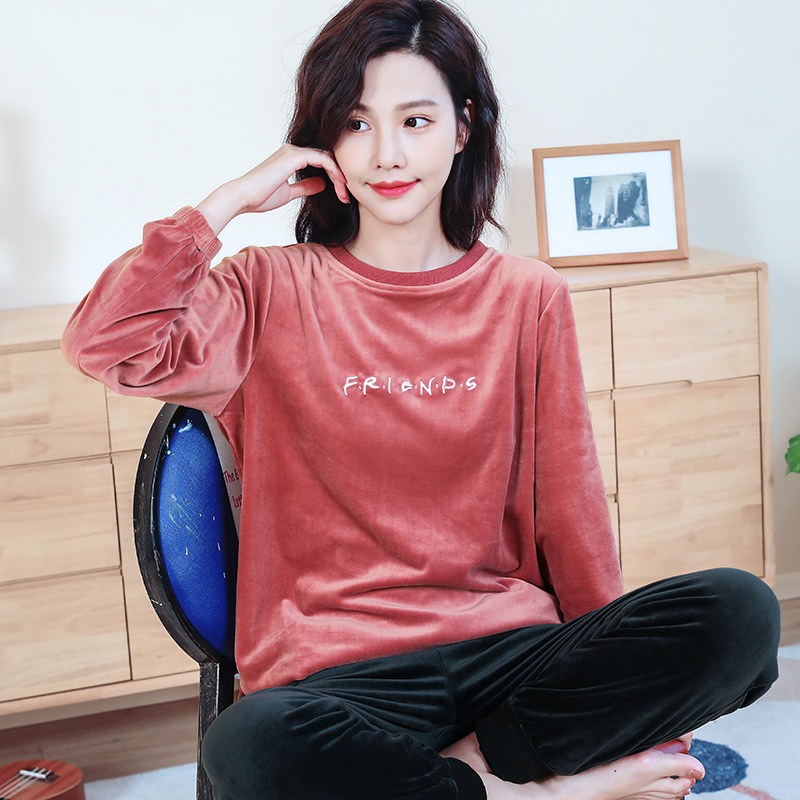 睡衣女秋冬季长袖加厚珊瑚绒女款套装简约春秋薄款海岛绒家居服女
