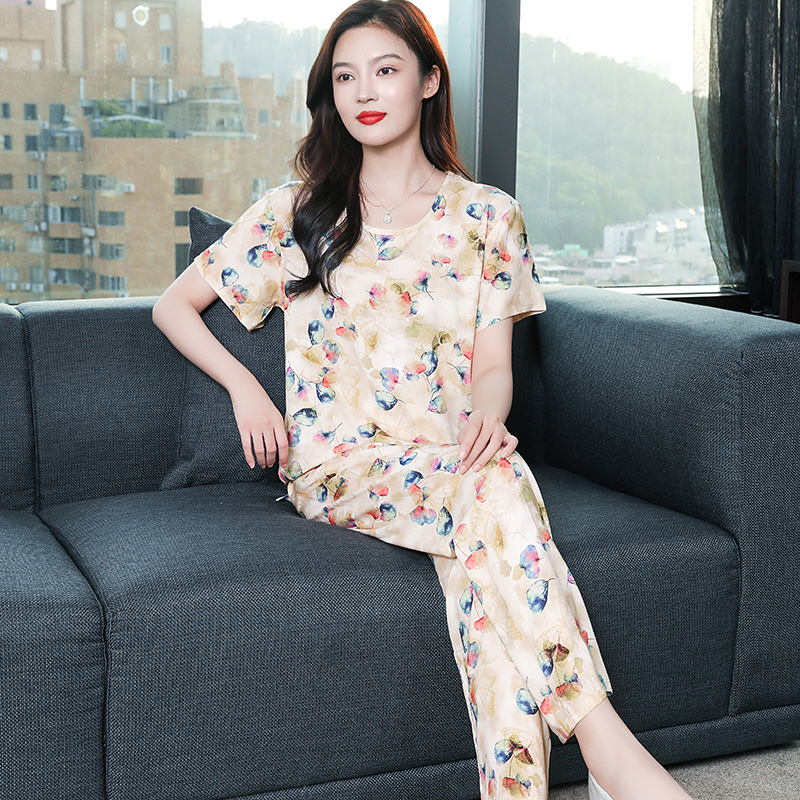 中老年女士短袖薄款棉绸睡衣套装