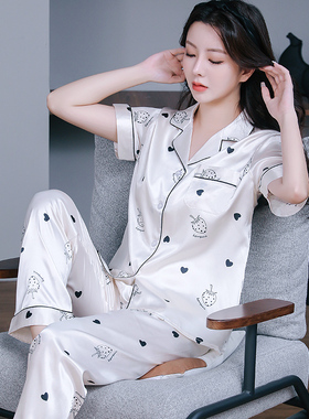 大码夏季睡衣女丝绸胖mm可爱印花冰丝开衫舒适加大码家居服套装女