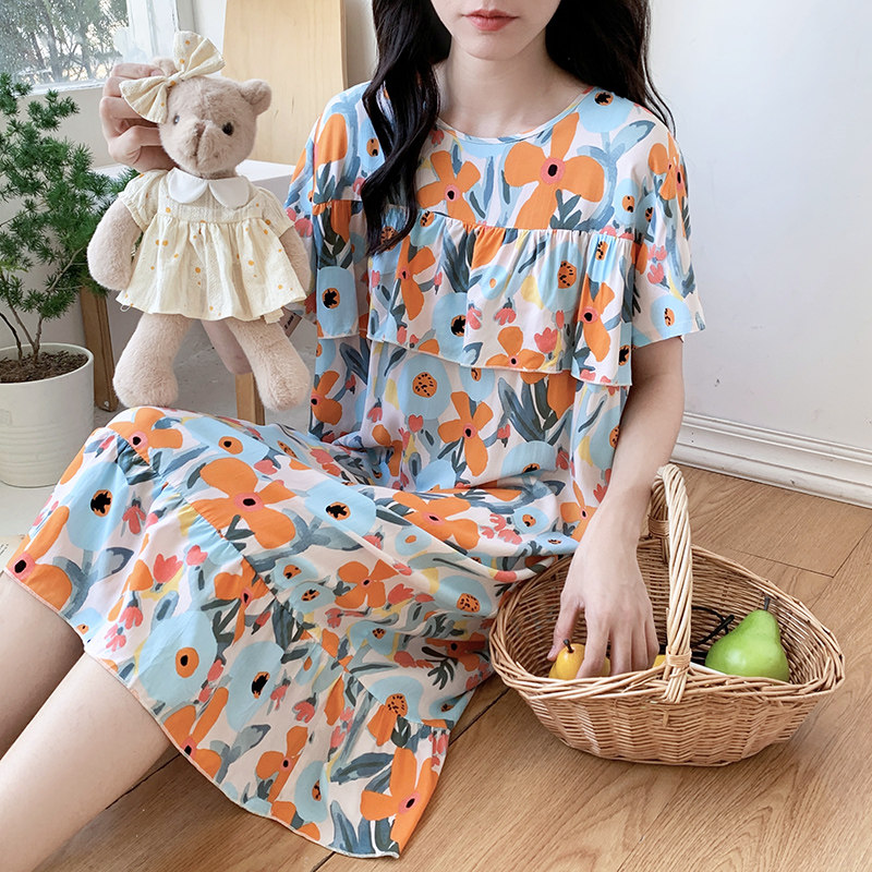 棉绸睡裙女夏季薄款睡衣家居裙甜美学生夏天凉感绵绸裙大码可外穿