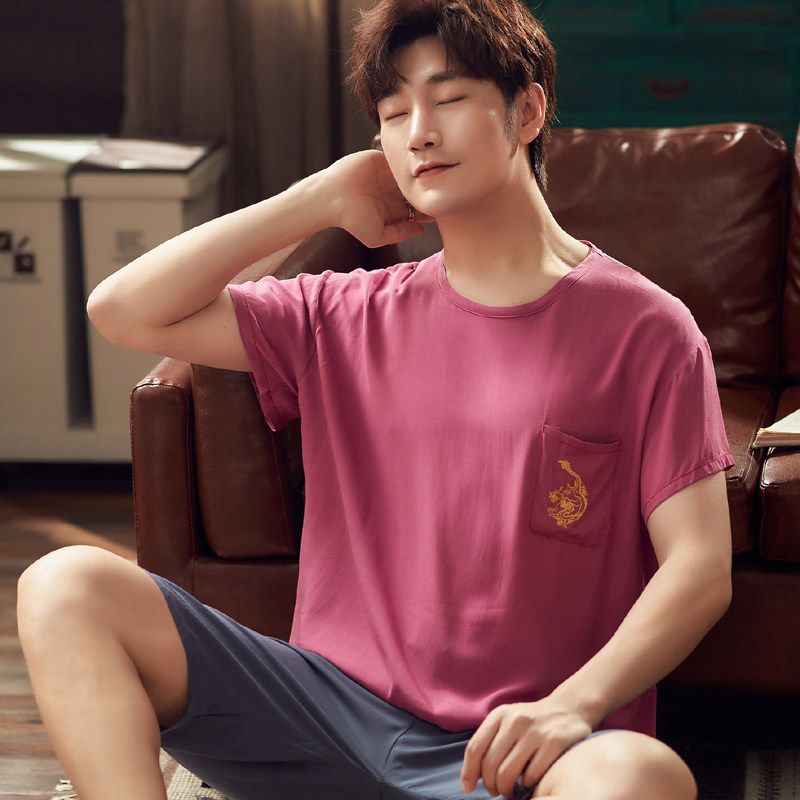 棉绸男士睡衣短袖短裤薄款纯色青中年宽松加大码绵绸家居服男夏季