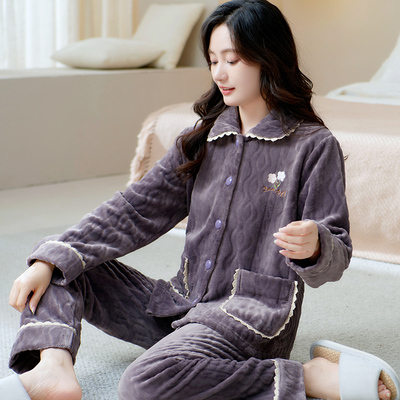秋冬季长袖保暖法兰绒女士睡衣