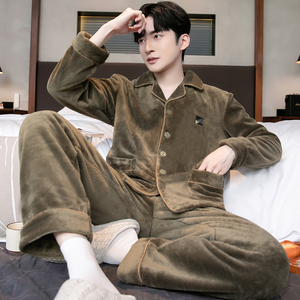 法兰绒秋冬款加厚开衫男士睡衣长袖保暖珊瑚绒可外穿家居服套装冬